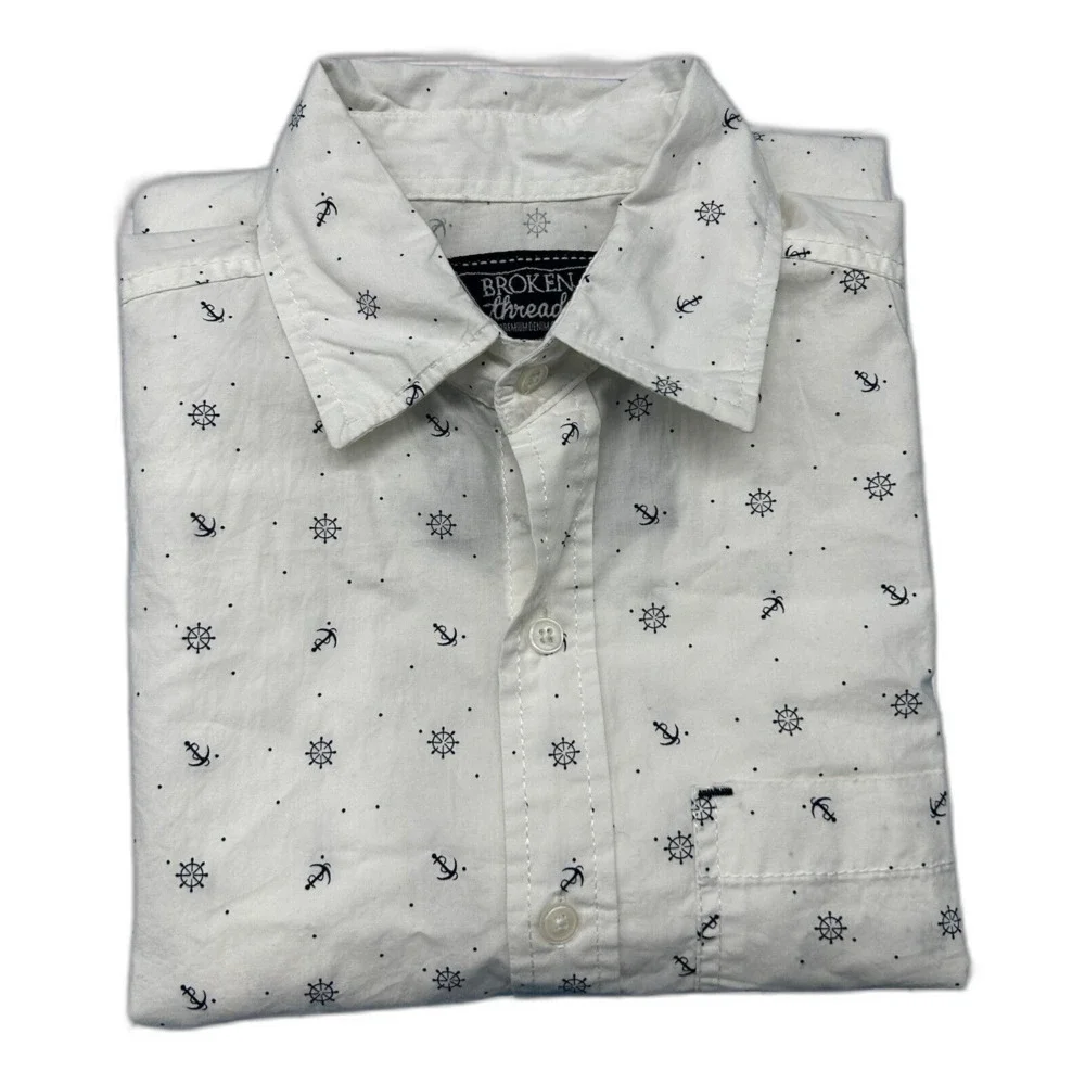 Broken Threads Men's Button Down Shirt Short Sleeve White blue Print Size S - Picture 2 of 7